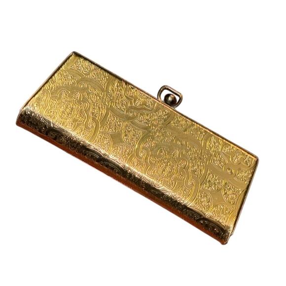 Vintage Gold Tone Floral Etched Metal Vanity Trinket Case Lined Formal Dinner - Picture 2 of 7